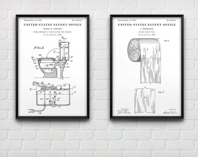 Toilet Flush & Toilet Paper Patent Poster, Bathroom Blueprint Wall Art