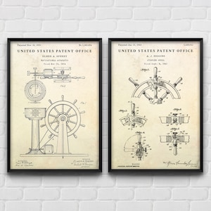 May include: Two vintage patent drawings in black and white. The first patent is for a navigational apparatus, showing a steering wheel and a compass. The second patent is for a steering wheel, showing multiple views of the wheel and its components. The text on the first patent reads "United States Patent Office" and "Elmer A. Sperry". The text on the second patent reads "United States Patent Office" and "A. J. Higgins".