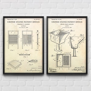Decoração vintage de lavanderia: arte de parede patenteada de tábua de lavar e banheira, presente de inauguração, pôster de projeto de invenções de lavanderia, conjunto de 2 impressões