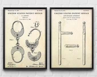 Vintage Police Patent Art Prints: Handcuffs & Truncheon, Set Of 2