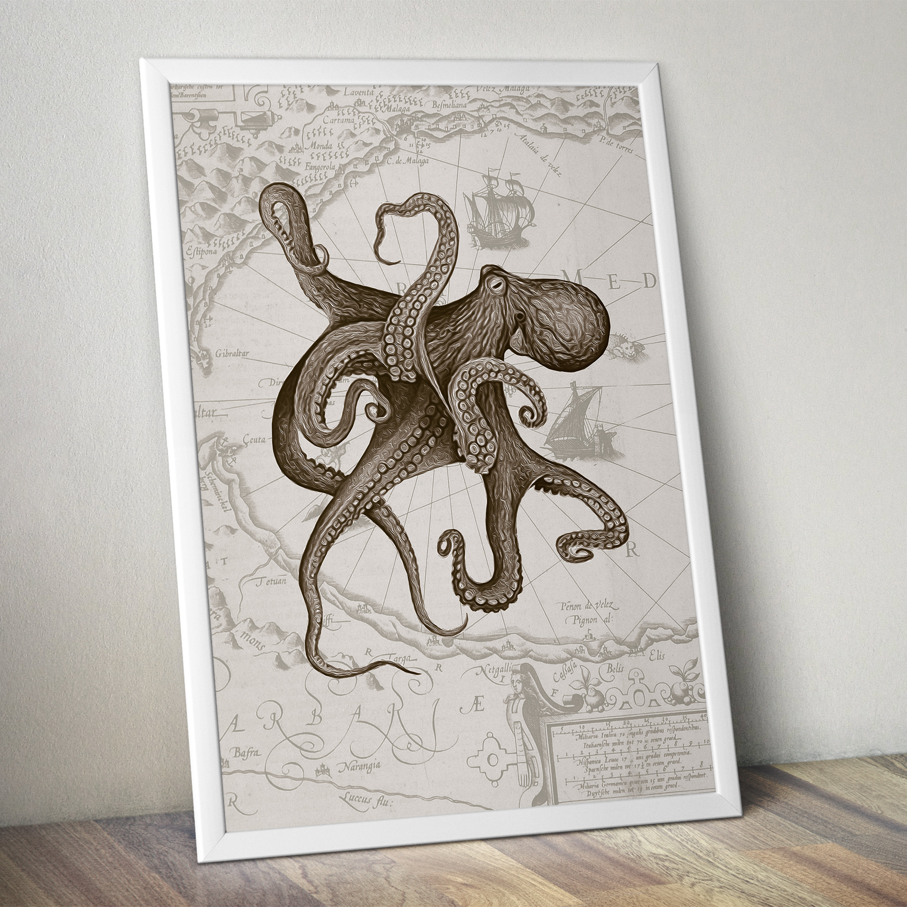 Octpus Map Octopus & Old Maps Collage Wall Art, Nautical Retro Decor, Seaside ...