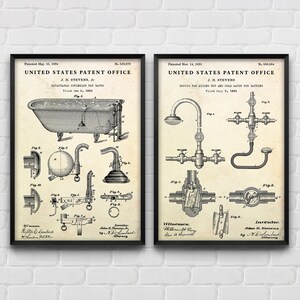 May include: Two vintage patent drawings for bathroom fixtures. The first drawing shows a bathtub with a detachable sprinkler for baths, patented May 15, 1894. The second drawing shows a device for mixing hot and cold water for bathing, patented November 14, 1893.