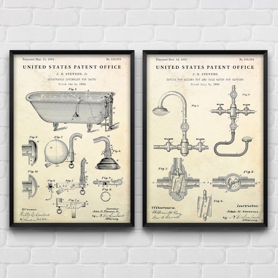 Bath Tub & Shower Patent Posters, Vintage Decor, Bathroom Blueprint Art Set