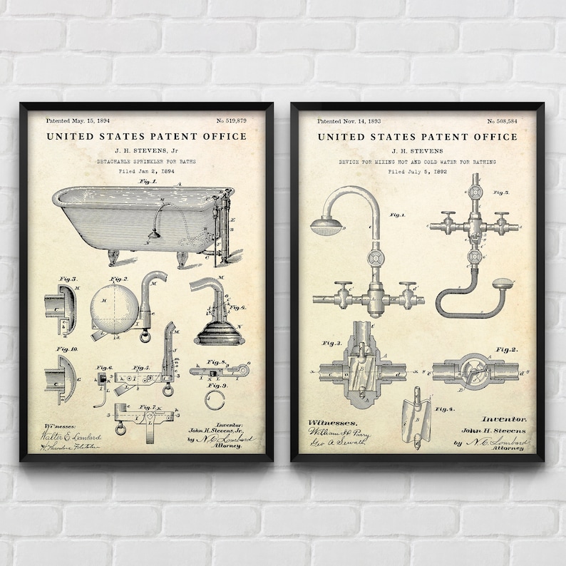 May include: Two vintage patent drawings for bathroom fixtures. The first drawing shows a bathtub with a detachable sprinkler for baths, patented May 15, 1894. The second drawing shows a device for mixing hot and cold water for bathing, patented November 14, 1893.