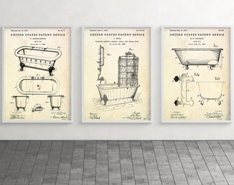 Bathtub Patent Art Prints, Vintage Bathroom Decor, Set Of 3 Blueprint Posters