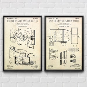 Arte de parede com patente de primeiro ar condicionado e aspirador de pó, invenções, presente de engenheiro de tecnologia HVAC, arte de parede de eletrodomésticos, conjunto de 2 pôsteres de projeto