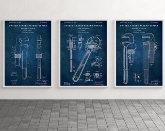 Pipe & Adjustable Wrench Patent Wall Art, Plumber Vintage Prints, Mechanic Gift Set Of 3