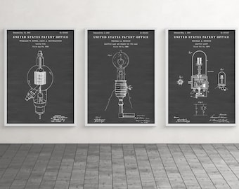 Light Bulb Patent Poster, Vintage Edison Lighting Blueprints, Electrician Art Set of 3