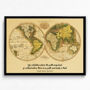 Pôster de citação de Ralph Waldo Emerson, impressão de mapa do mundo antigo, arte de parede inspiradora, presente vintage Wanderlust, tela embrulhada pronta para pendurar