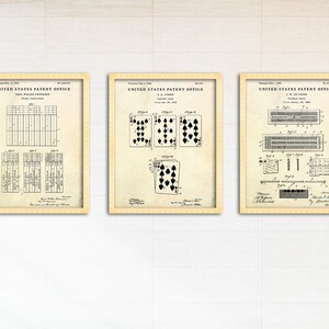 Arte de pared de juegos de cartas, tablero de Cribbage, juego de cartas Bridge, póster de patente de naipes, regalo de juego, decoración vintage, conjunto de 3 impresiones