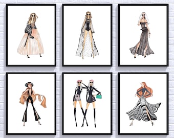 Ilustración de moda para pared, póster de bocetos de chicas, regalo para fashionistas, decoración femenina, juego de 6 láminas
