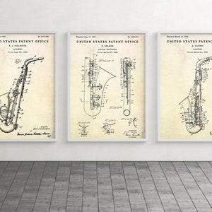 Saxophon Patent Poster, Musikinstrumente Vintage Wandkunst, Erfindungen Blueprint, Saxophonist Geschenk, Set von 3 Drucken