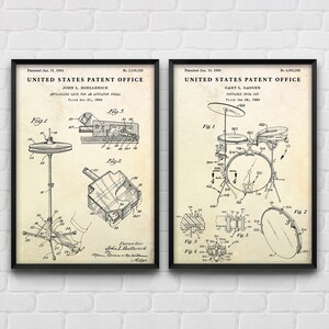 Trommelmaschine Patent Poster, Geschenk für Schlagzeuger, Trommel-Becken Erfindungen, Musikzimmer Vintage Wandkunst, 2er-Set Trommeldrucke