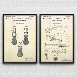 Shaving Brush & Razor Patent Poster, Mens Bathroom, Man Cave Decor, Gift for Barber, Blueprint Wall Art, Set Of 2 Prints