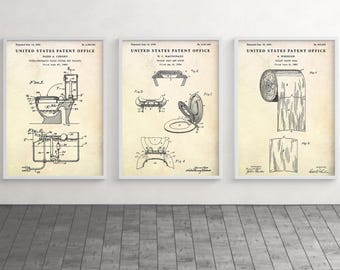 Bathroom Vintage Decor, Toilet Patent Wall Art, Blueprint Posters, Set Of 3 Prints