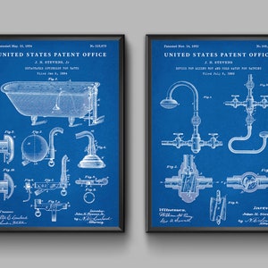 May include: Two vintage blue patent drawings for bathroom fixtures. The top drawing shows a bathtub with a detachable sprinkler. The bottom drawing shows a device for mixing hot and cold water for bathing. Both drawings include the text "United States Patent Office" and the inventor's name, "J. H. Stevens, Jr."