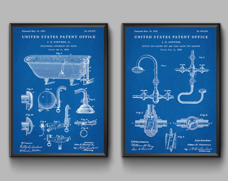 May include: Two vintage blue patent drawings for bathroom fixtures. The top drawing shows a bathtub with a detachable sprinkler. The bottom drawing shows a device for mixing hot and cold water for bathing. Both drawings include the text "United States Patent Office" and the inventor's name, "J. H. Stevens, Jr."