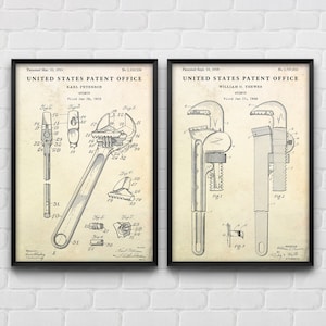Wrench Patent Posters, Locksmith, Plumber Gift, Workshop Wall Art, Garage Decor, Set Of 2 Prints
