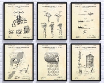 Bathroom Wall Art, Toilet Home Decor, Vintage Patent Posters, Set Of 6 Prints