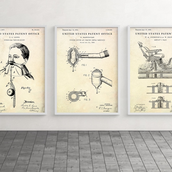 Dentist Patent Wall Art, Dentistry Inventions Stomatology Blueprint Poster, Dental Office Vintage Decor, Set Of 3 Prints