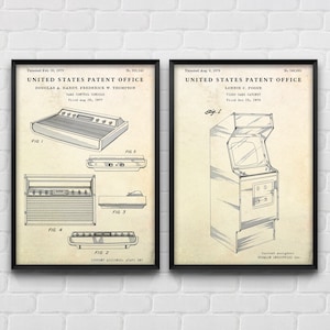 May include: Two black and white patent drawings for video game consoles. The first drawing shows a home console with a controller and the second drawing shows a large arcade cabinet.