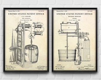 Brewing Wall Art: Beer Making Patent Poster, Brewer Gift, Bar, Pub Vintage Decor, Set Of 2 Brewery Prints