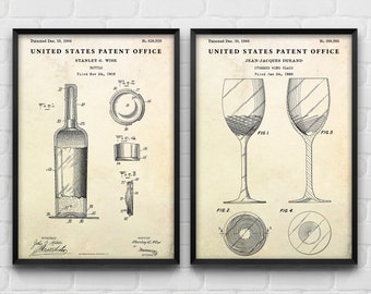 Wine Wall Art, Bottle & Stemmed Wine Glass Patent Prints, Wine Lover Gift, Bar Vintage Decor, Set Of 2 Posters