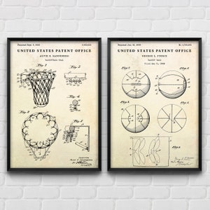 Basketball Patent Wall Art, Ball Games Inventions Blueprint Poster, Sport Vintage Decor, Basketball Player Gift, Set Of 2 Prints