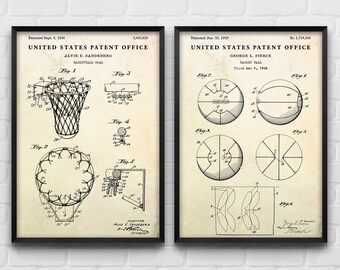 Patenttekeningen van een basketbalring en -bal, vintage sportblauwdruk wanddecoratie (set van 2)