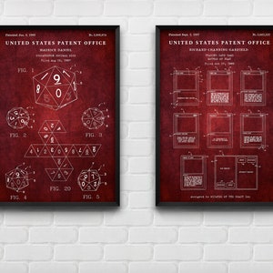 MTG Patent Art Prints: D20 Dice & Trading Card Game, Set of 2 Red