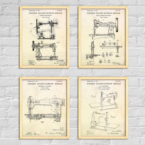May include: Four vintage United States Patent Office drawings of sewing machines. Each drawing features a detailed illustration of a different sewing machine design, with text describing the inventor and patent number.