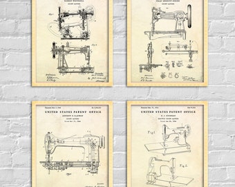 May include: Four vintage United States Patent Office drawings of sewing machines. Each drawing features a detailed illustration of a different sewing machine design, with text describing the inventor and patent number.