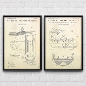 Może przedstawiać: Dwa vintage'owe rysunki patentów dla łodzi wioślarskich. Pierwszy patent dotyczy wysięgnika wiosłowego, opatentowanego w 1883 roku. Drugi patent dotyczy prawej łodzi wioślarskiej, opatentowanej w 1995 roku.