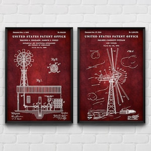 May include: Two vintage patent drawings on a red background. The left drawing shows a wind turbine with a diagram of the mechanical and electrical development and storage of wind power. The right drawing shows a wind turbine with the text "Wind Turbine" and "Palmer Cobblitt Putnam".