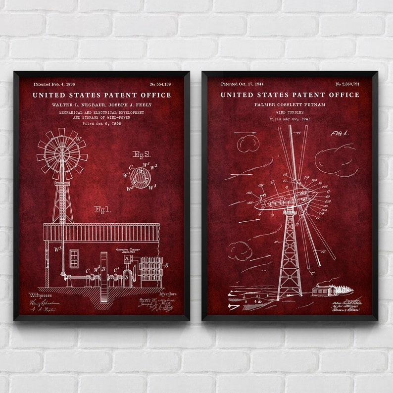 May include: Two vintage patent drawings on a red background. The left drawing shows a wind turbine with a diagram of the mechanical and electrical development and storage of wind power. The right drawing shows a wind turbine with the text "Wind Turbine" and "Palmer Cobblitt Putnam".