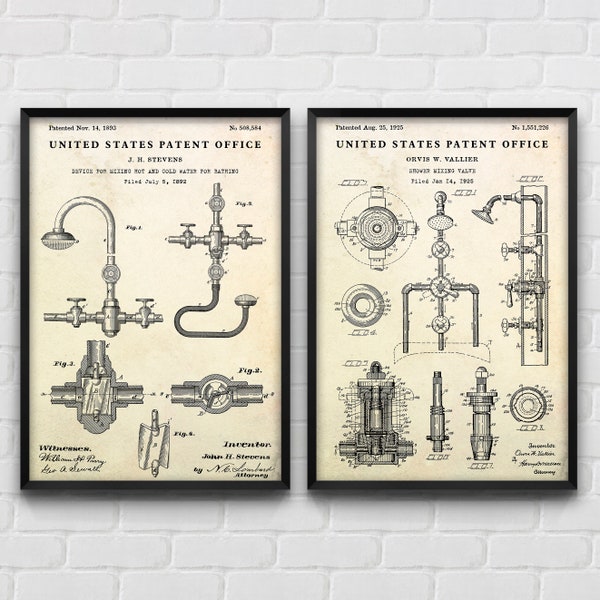 Decoración de pared vintage para baño: carteles artísticos de patente con diseño de ducha, planos de inventos de plomería, juego de 2 impresiones