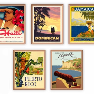 Caribbean Countries Wall Art, Vintage Travel Posters, Set Of 5 Prints