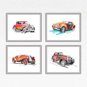 Retro Cars Wall Art, Old School Car Drawing, Luxury Classic Automobile Posters, Vehicle Decor, Set Of 4 Prints