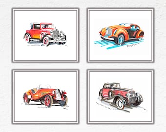 Retro Cars Wall Art, Old School Car Drawing, Luxury Classic Automobile Posters, Vehicle Decor, Set Of 4 Prints