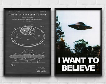 UFO I Want To Believe Poster, Flying Saucer Patent Print, Alien Theme Gift, Sci-Fi Art