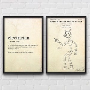 Op de afbeelding: Een vintage-stijl illustratie van een elektricien, met een bliksemontwerp, en de tekst "United States Patent Office" en "Electrician" met een definitie.