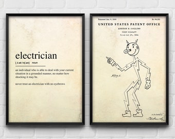 Electrician Definition, Reddy Kilowatt Patent Wall Art Blueprint Poster, Electricity Vintage Decor Electrical Engineer Gift, Set Of 2 Prints
