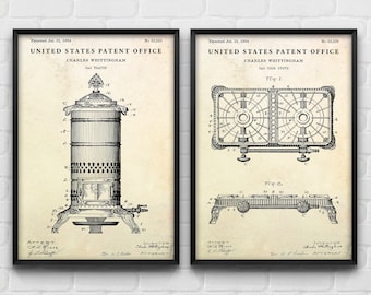Gas Heater Cook Stove Patent Prints, Vintage Blueprint Posters (Set of 2)