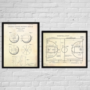 Basketball Court & Basketball Ball Patent Wall Art, Ball Games Blueprint Poster, Gym Decor, Basketball Player Gift, Set Of 2 Prints