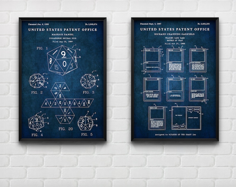 MTG Patent Art Prints: D20 Dice & Trading Card Game, Set of 2 Navy blue