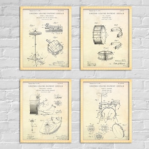 Drum Kit Patent Wandkunst: Hi-Hat Becken Bass Drum Inventions Musik Instrument Blueprint Poster, Schlagzeuger Geschenk Vintage Decor, 4er Set Drucke