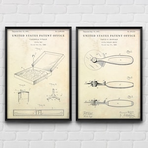 Regalo para amantes de la pizza: Cortador de pizza y carteles de patentes para ahorrar pizza, decoración de cocina, juego de 2 impresiones