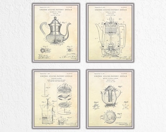 Coffee & Tea Patent Wall Art: French Press, Kettle Invention Blueprint, Kitchen Vintage Poster Set