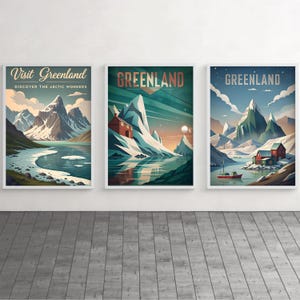Arte mural de Groenlandia, carteles de viajes antiguos, decoración del Ártico, juego de 3 impresiones