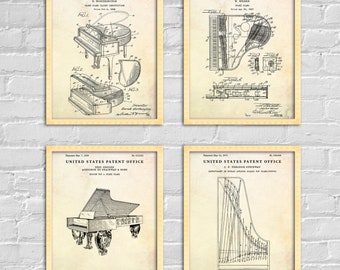 Grand Piano Patent Wall Art, Piano Room Decor, Blueprint Poster, Pianist Gift, Set Of 4 Prints